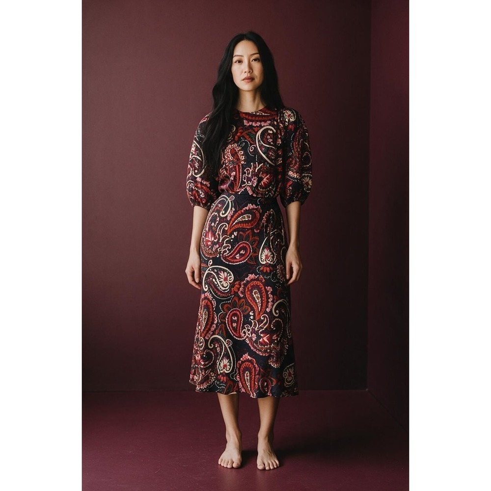 Kachel Anthropologie Paisley Maxi Dress Black Orange Pink Puff Sleeve Medium